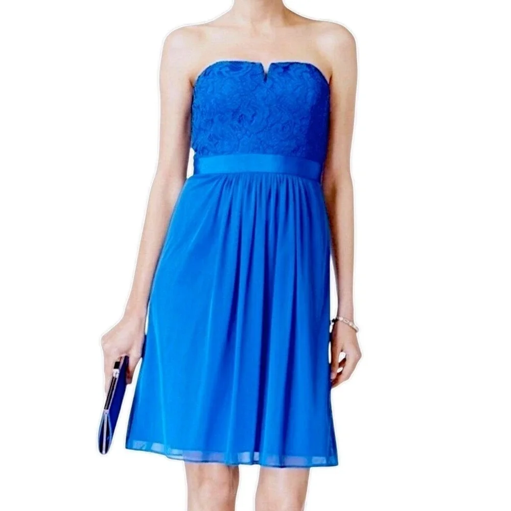 ADRIANNA PAPELL Mini Dress Strapless Stretch Tulle Lace Blue Lined Love Story 10